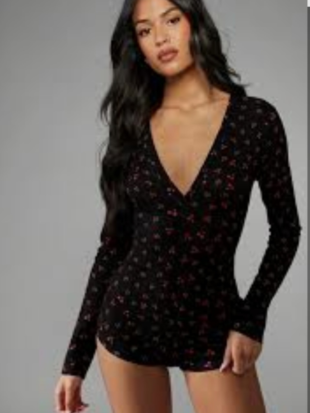 Yummy Soft Black Cherry Print Long-Sleeve Bodysuit